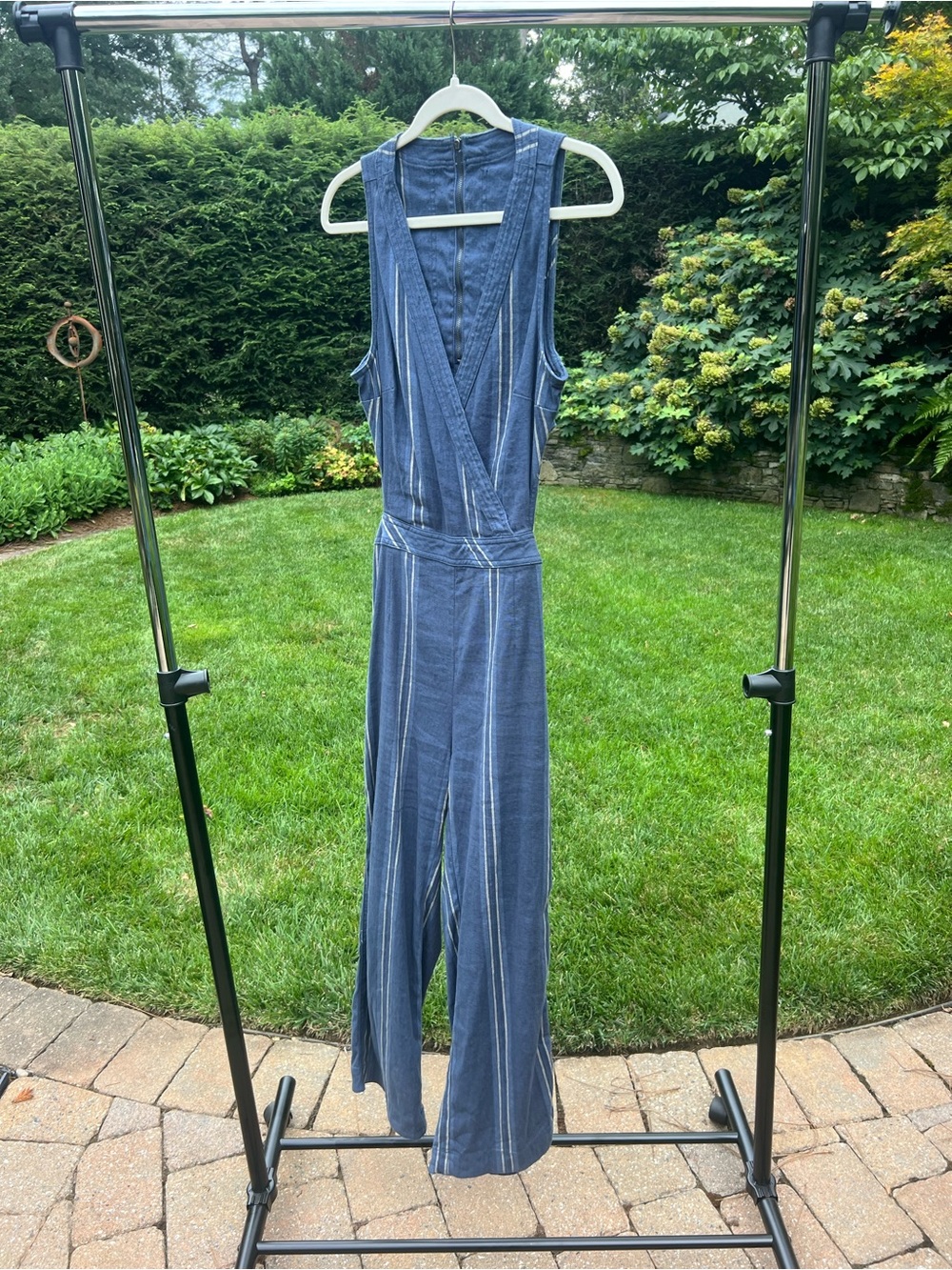 Free People Blue and White Striped Wrap-Front Jumpsuit